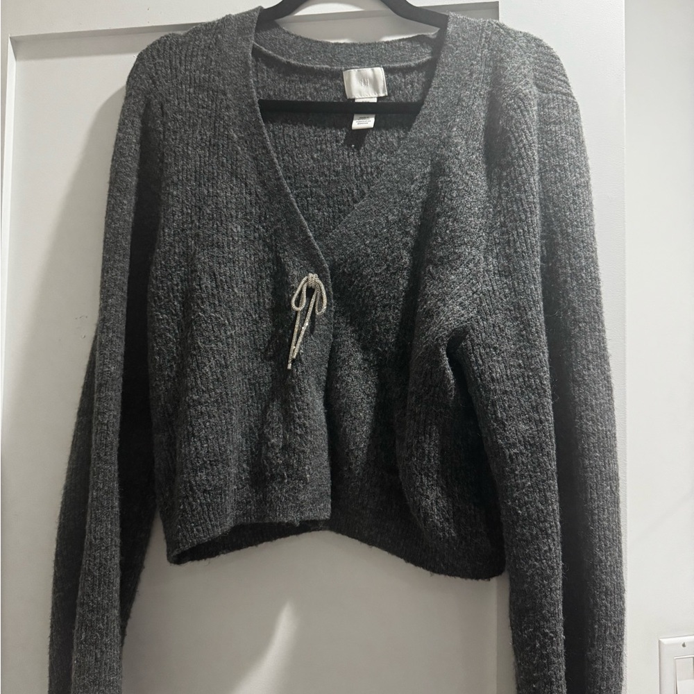 H&M Dark Gray V‑Neck Tie-Front Knit Cardigan